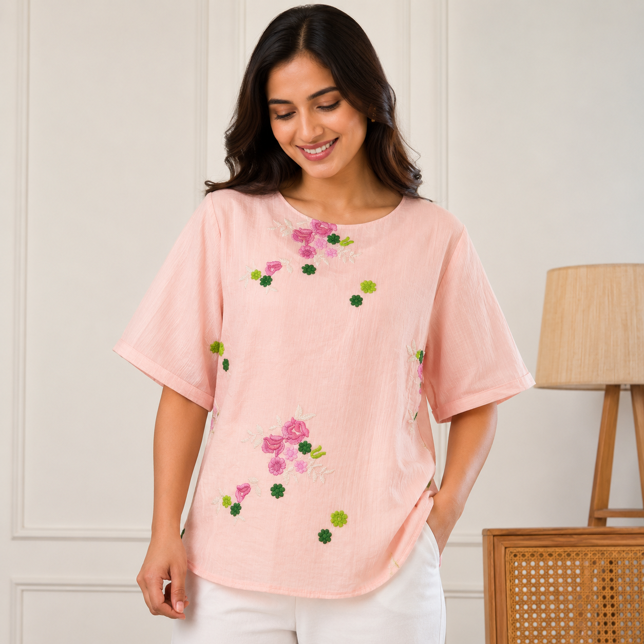 Floral Embroidered Peach Top