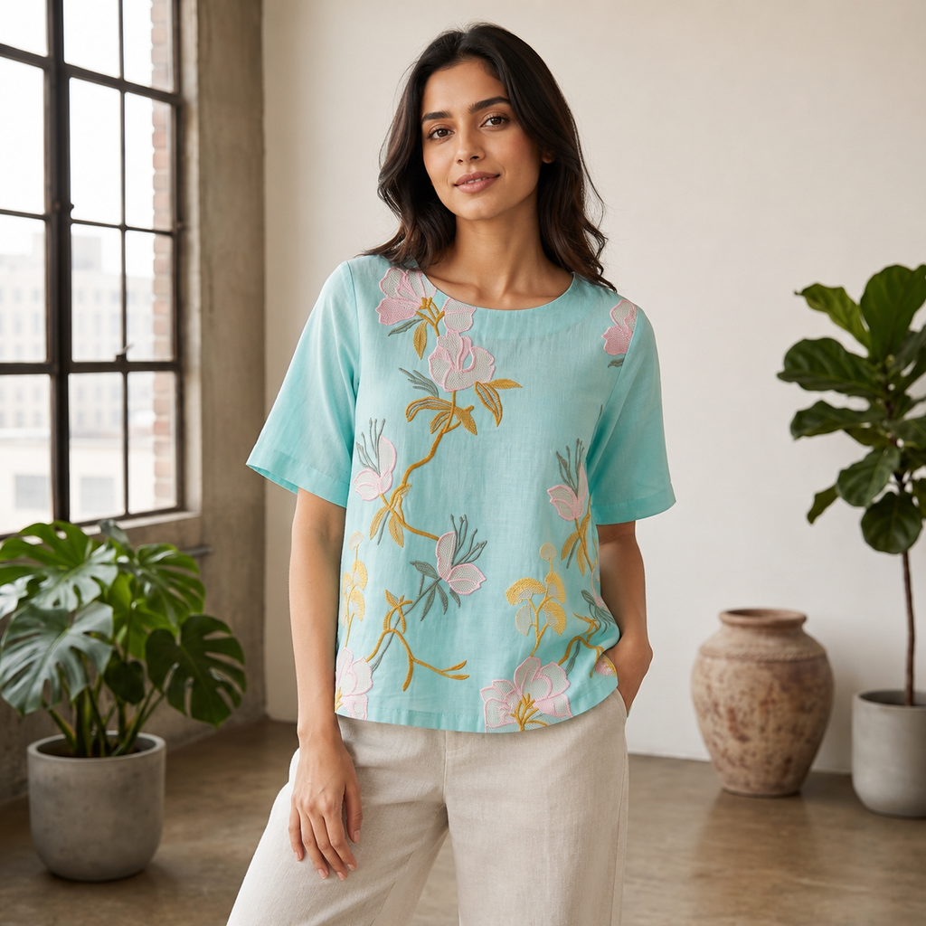 Botanical Embroidered Tunic Top-Blue
