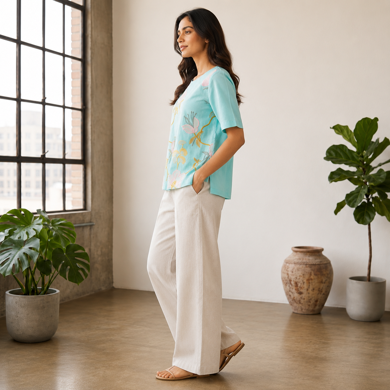 Botanical Embroidered Tunic Top-Blue