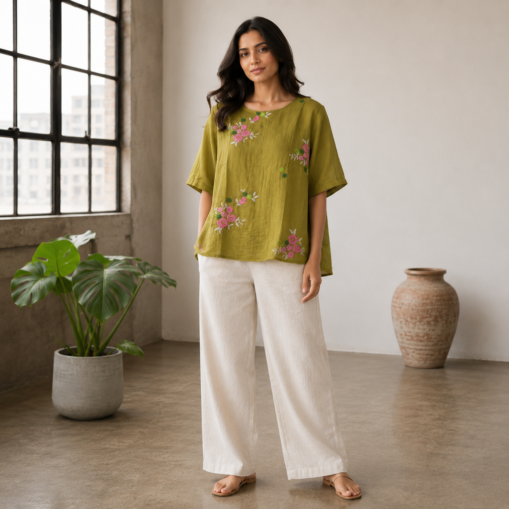 Floral Embroidered Top-Henna Green