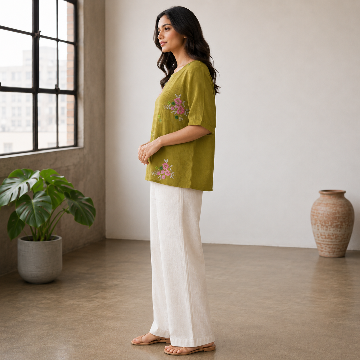Floral Embroidered Top-Henna Green
