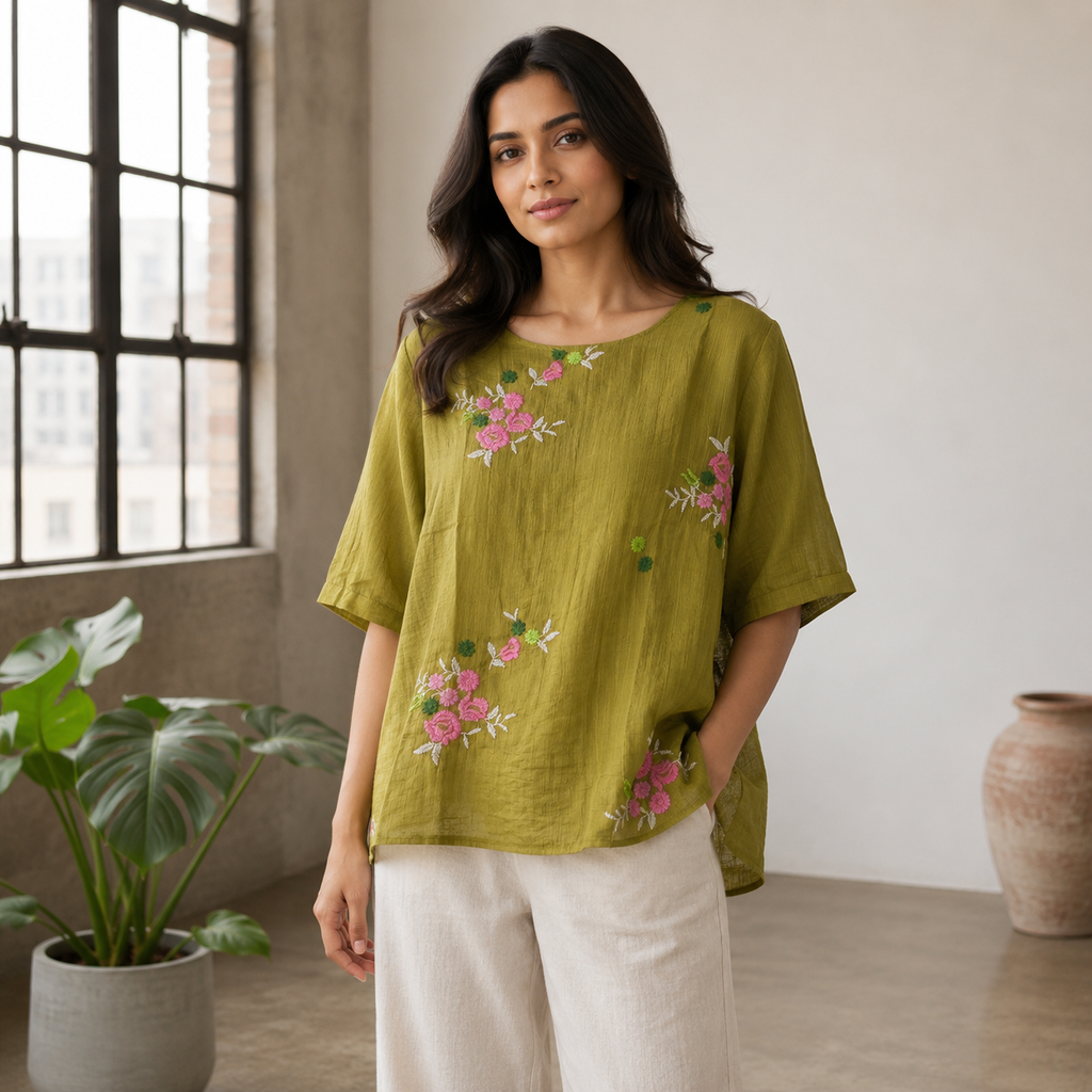 Floral Embroidered Top-Henna Green