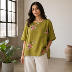 Floral Embroidered Top-Henna Green