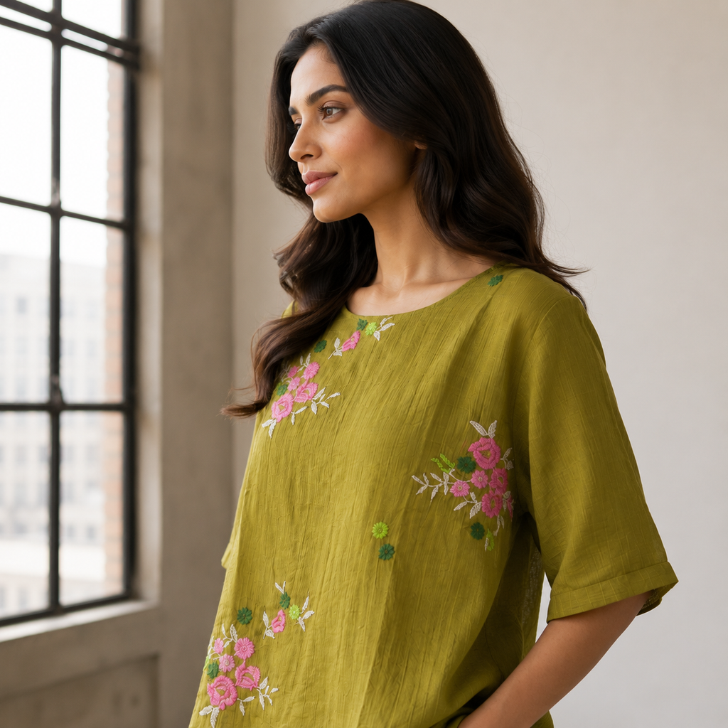 Floral Embroidered Top-Henna Green