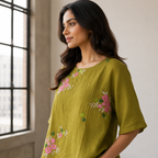 Floral Embroidered Top-Henna Green