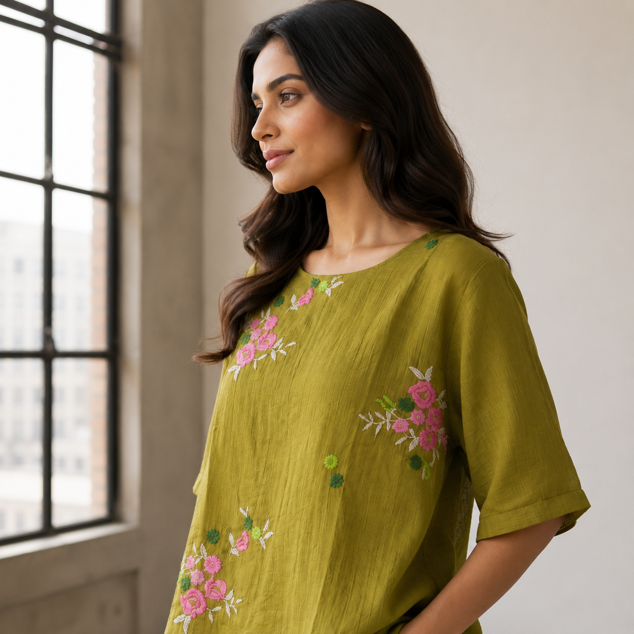 Floral Embroidered Top-Henna Green