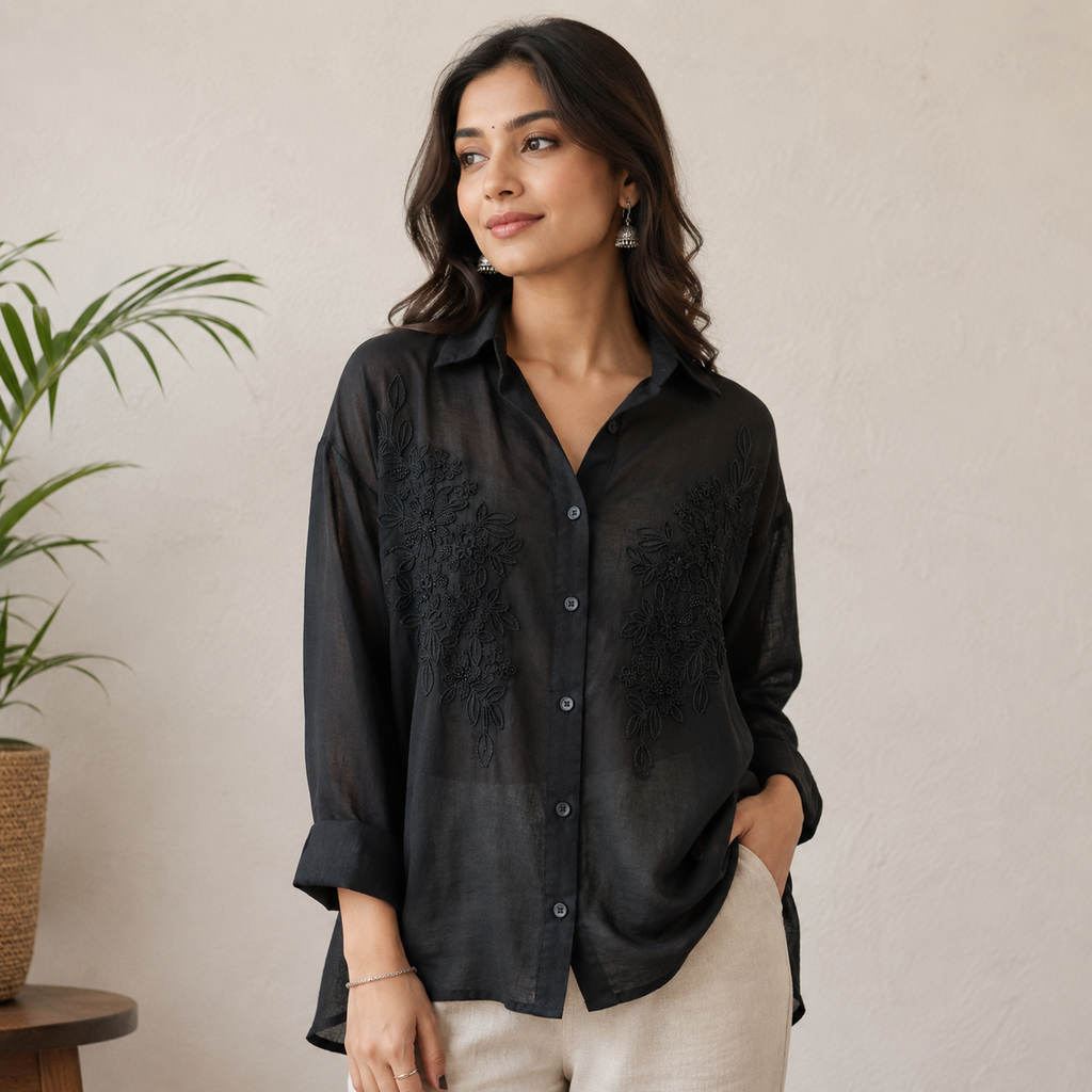 Floral Embroidered Black Shirt