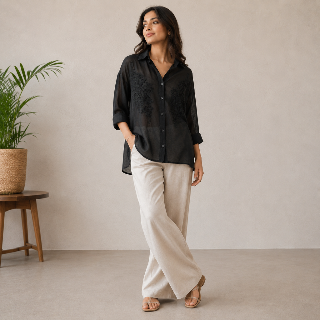 Floral Embroidered Black Shirt