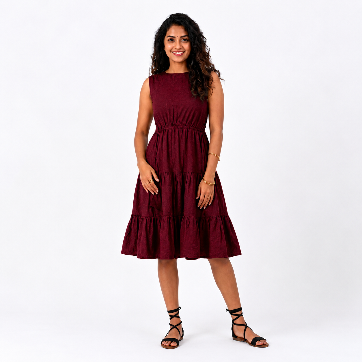 Maroon Tiered Midi Dress