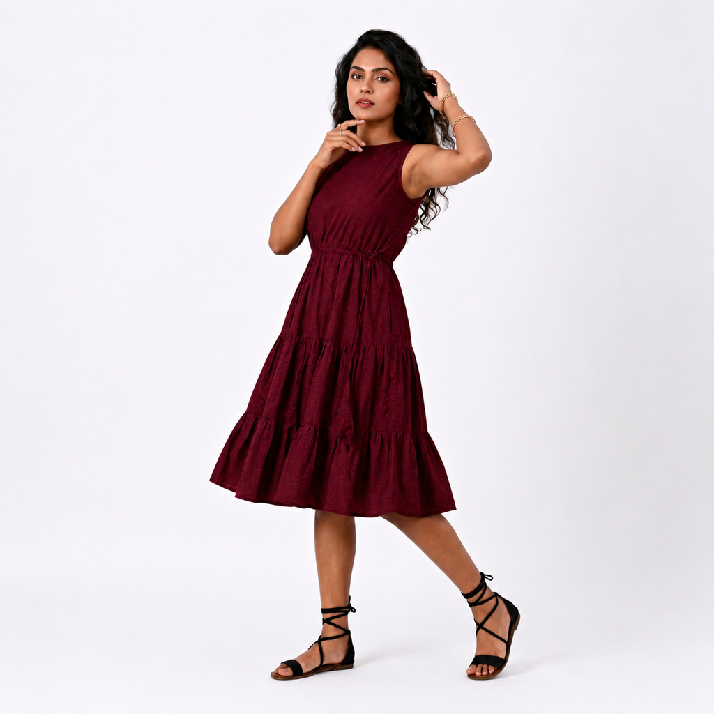 Maroon Tiered Midi Dress