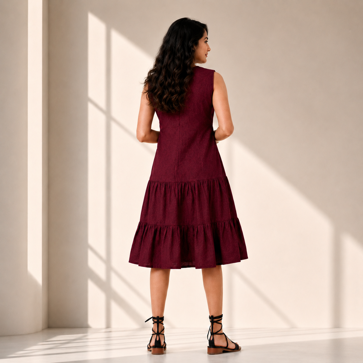 Maroon Tiered Midi Dress