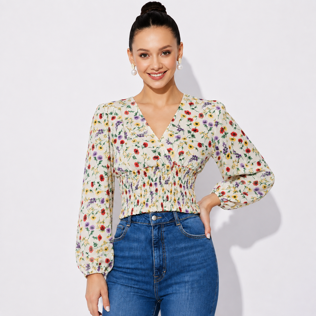 Pale Yellow Floral Smocked Waist Top