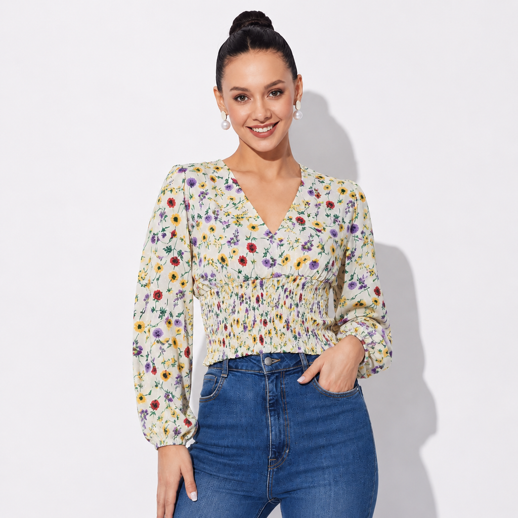 Pale Yellow Floral Smocked Waist Top