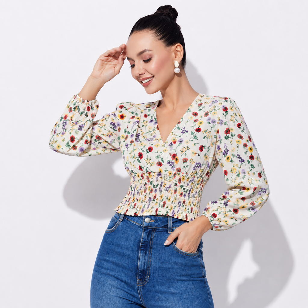 Pale Yellow Floral Smocked Waist Top