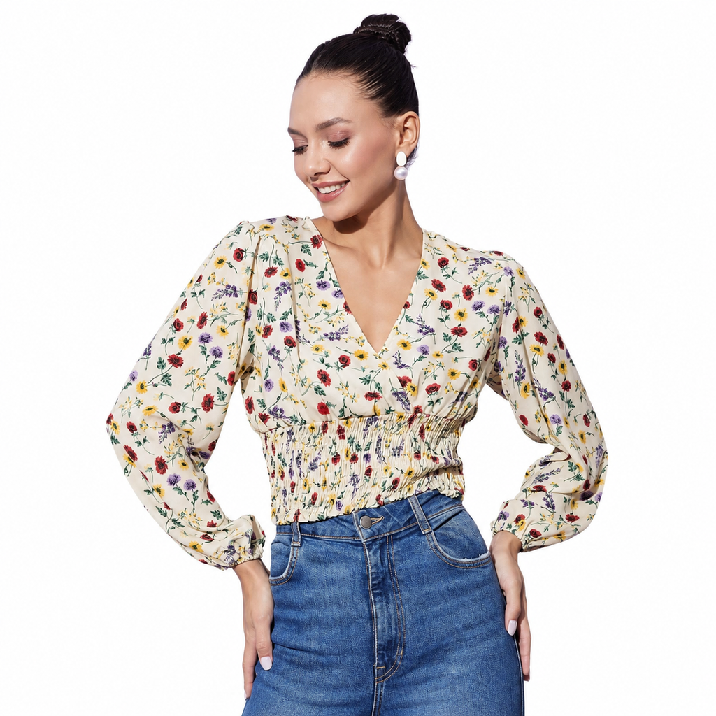 Pale Yellow Floral Smocked Waist Top