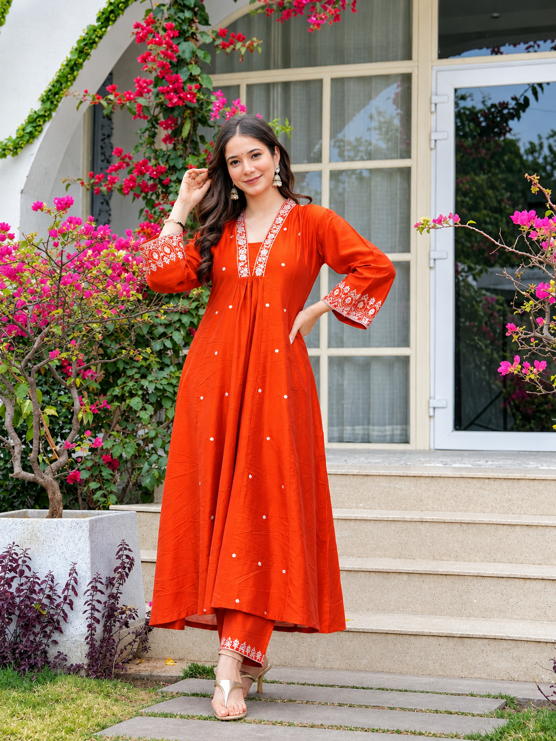 Orange Embroidered Anarkali Set