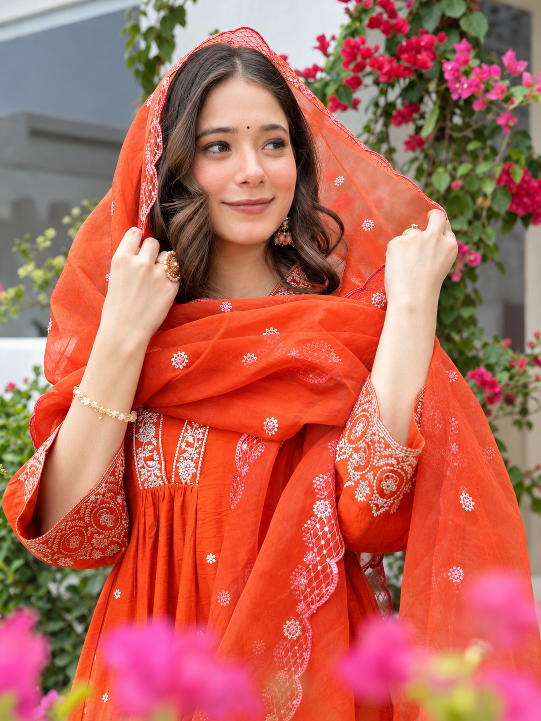 Orange Embroidered Anarkali Set