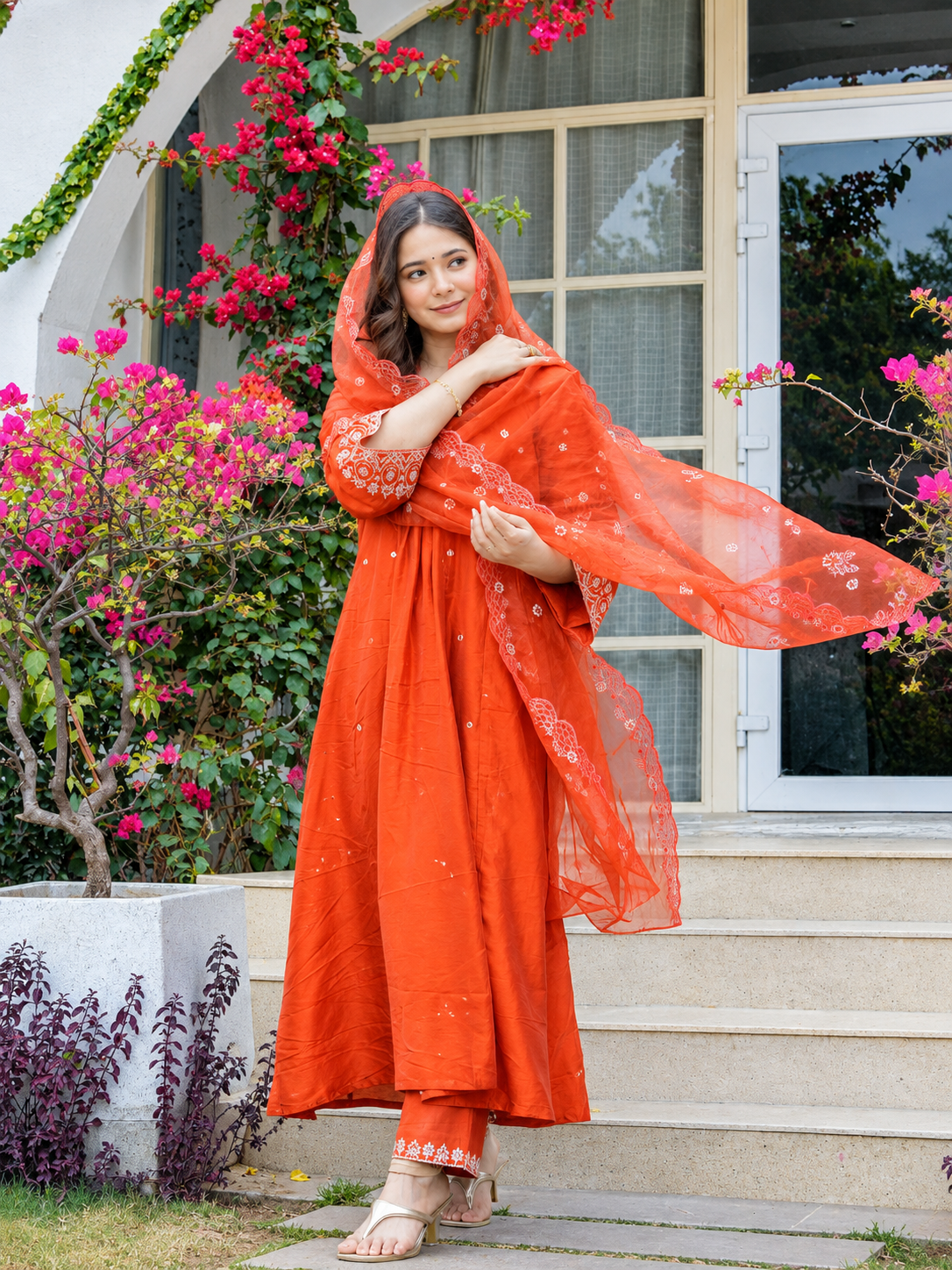 Orange Embroidered Anarkali Set