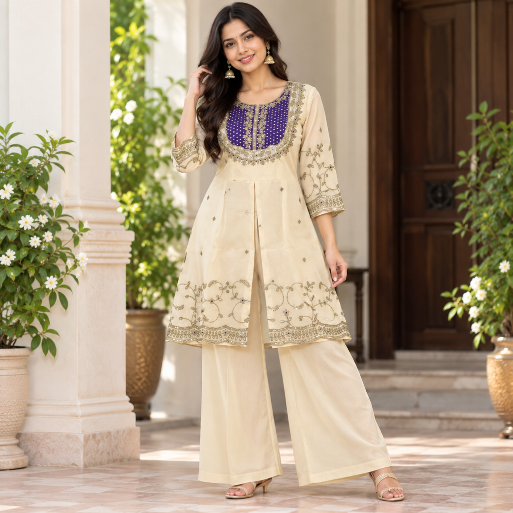 Ivory & Purple Yoke Kurti Set