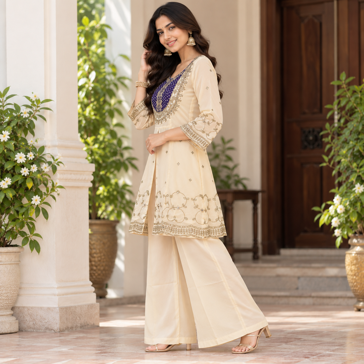 Ivory & Purple Yoke Kurti Set