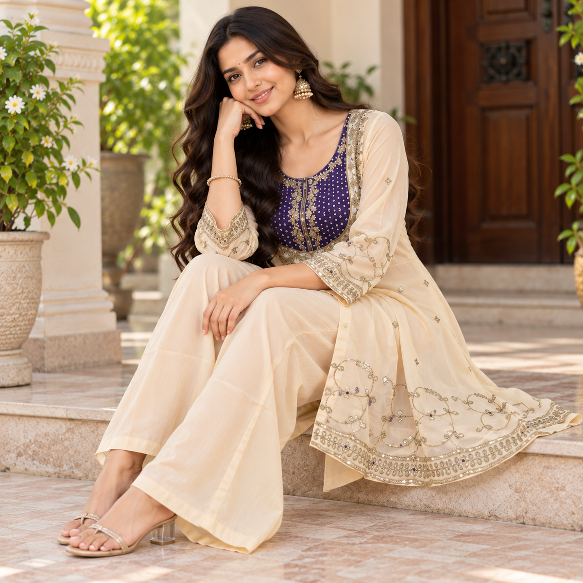 Ivory & Purple Yoke Kurti Set