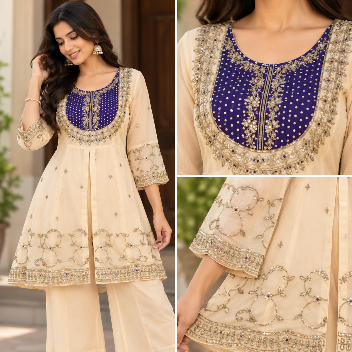 Ivory & Purple Yoke Kurti Set