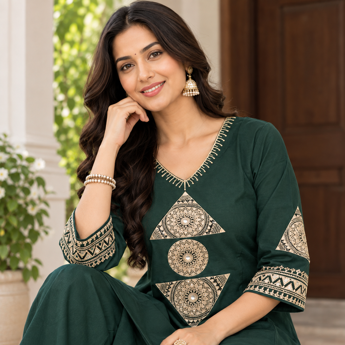V-neck Emerald Green Co-ord