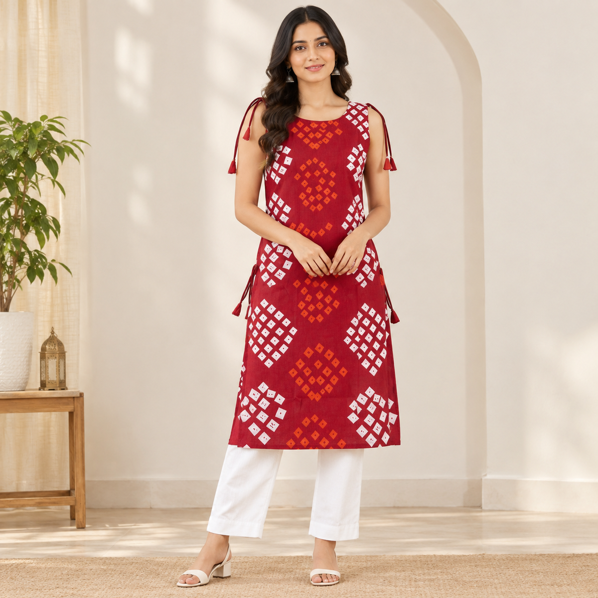 Red Bandhani Sleeveless Kurti