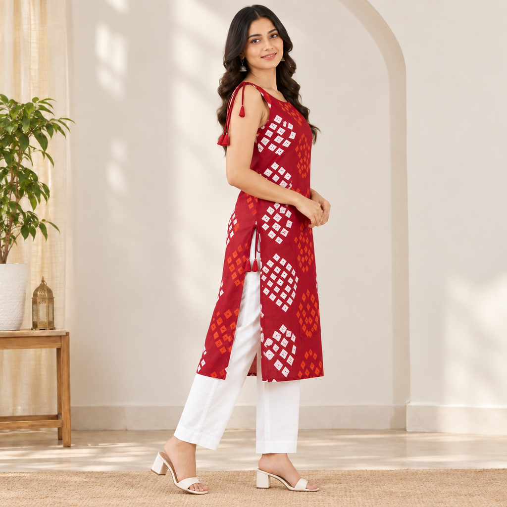 Red Bandhani Sleeveless Kurti