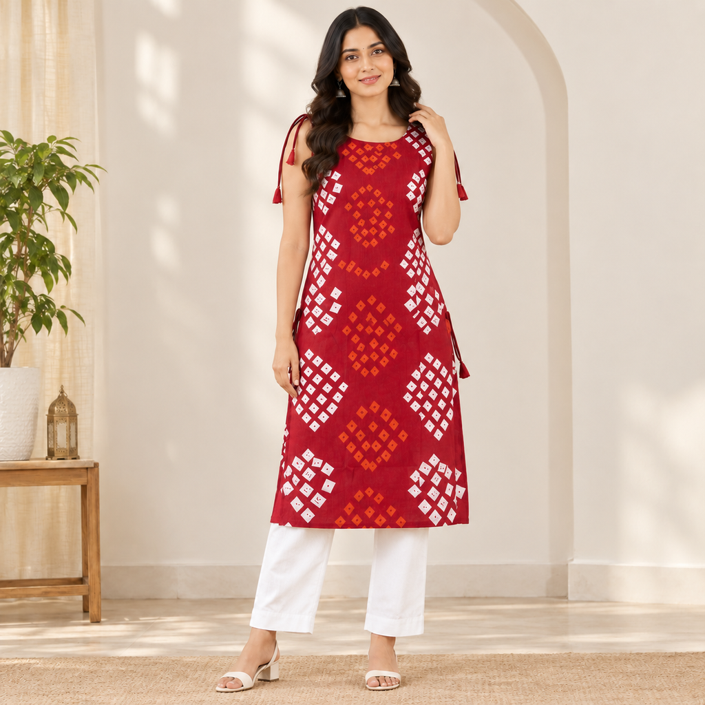 Red Bandhani Sleeveless Kurti