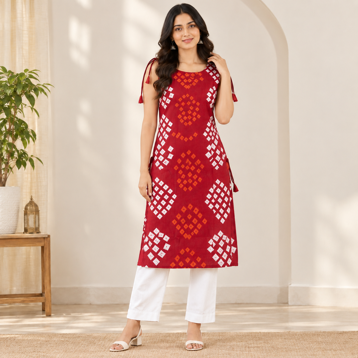 Red Bandhani Sleeveless Kurti