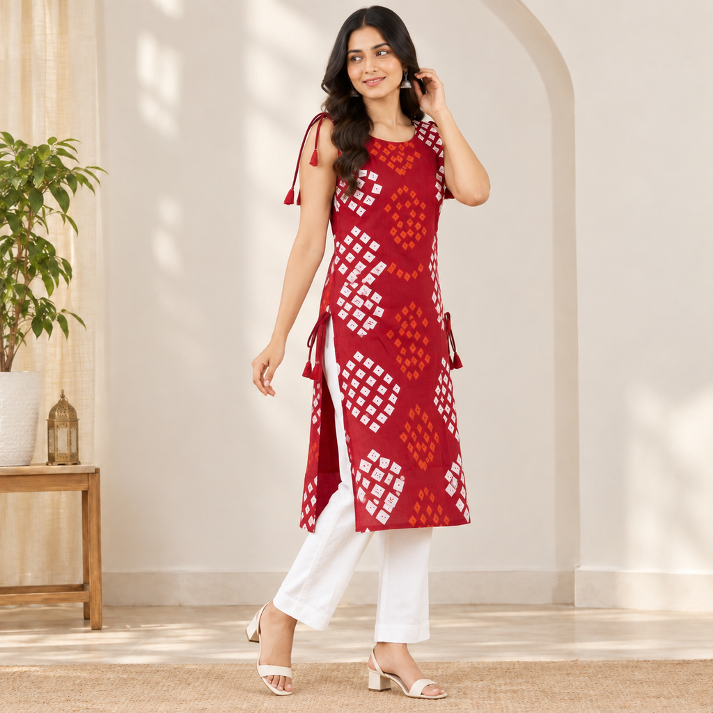 Red Bandhani Sleeveless Kurti
