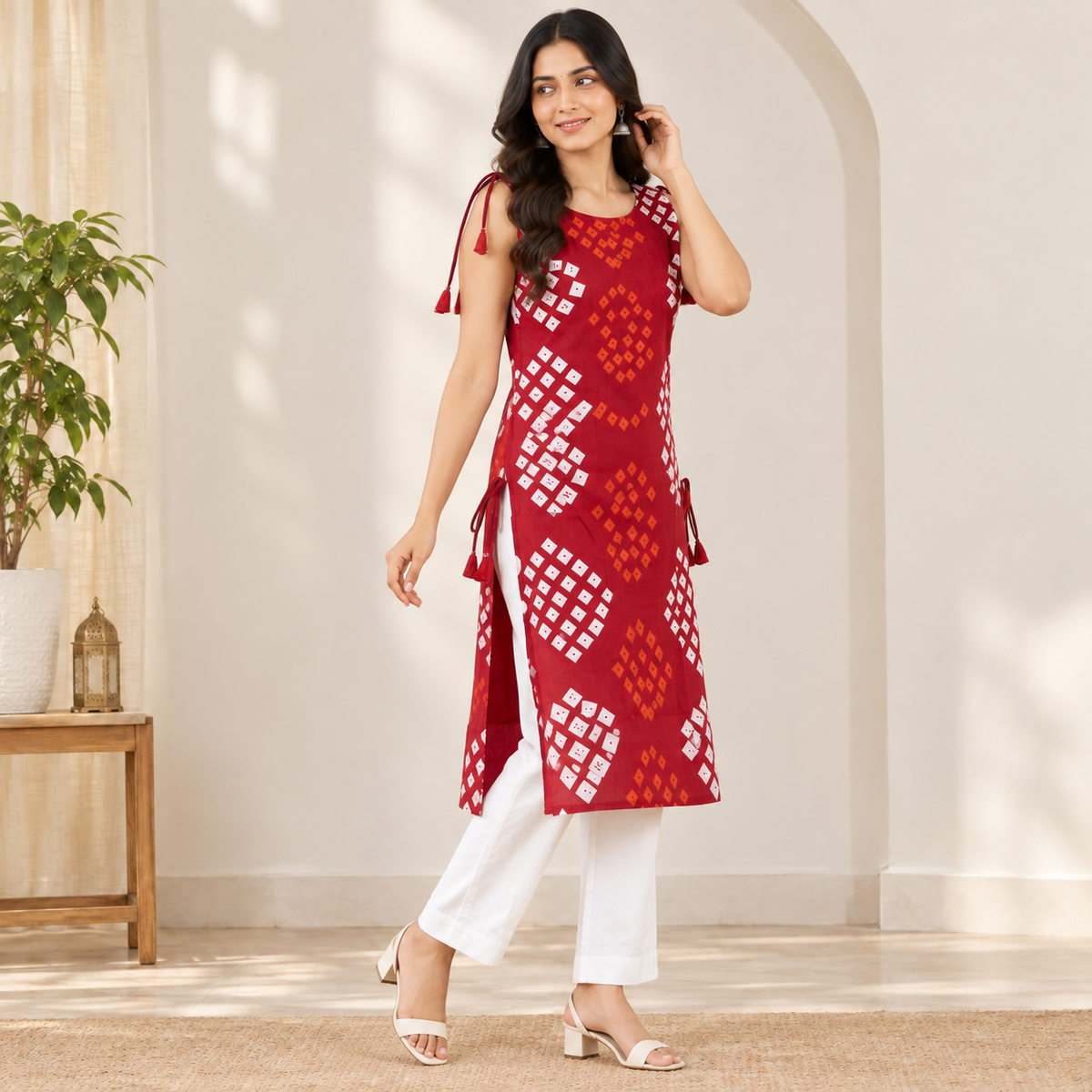Red Bandhani Sleeveless Kurti