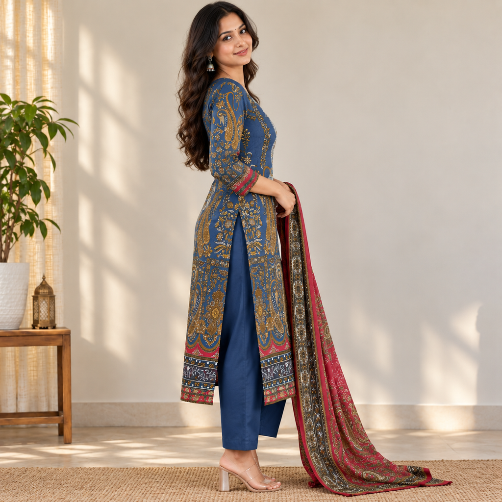 Blue Paisley Printed Kurti Set