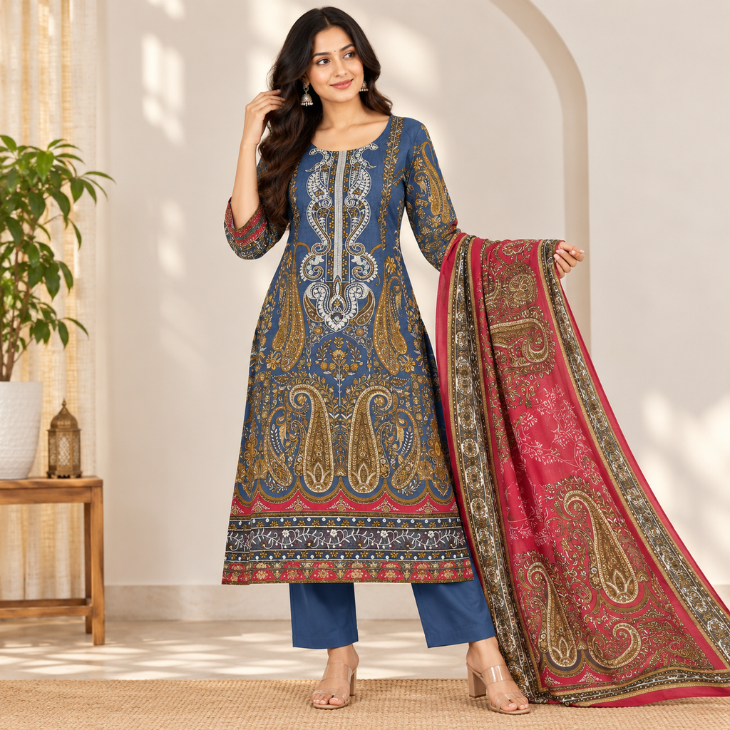 Blue Paisley Printed Kurti Set