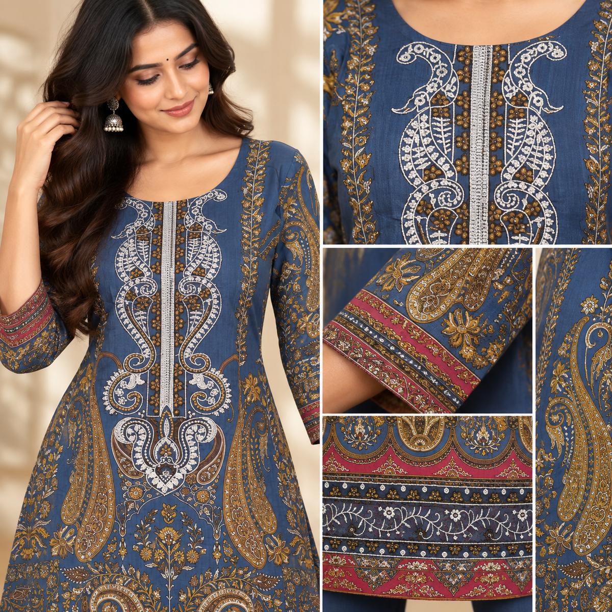 Blue Paisley Printed Kurti Set