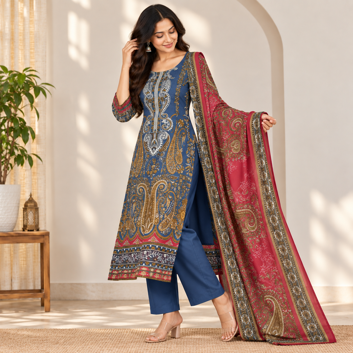 Blue Paisley Printed Kurti Set
