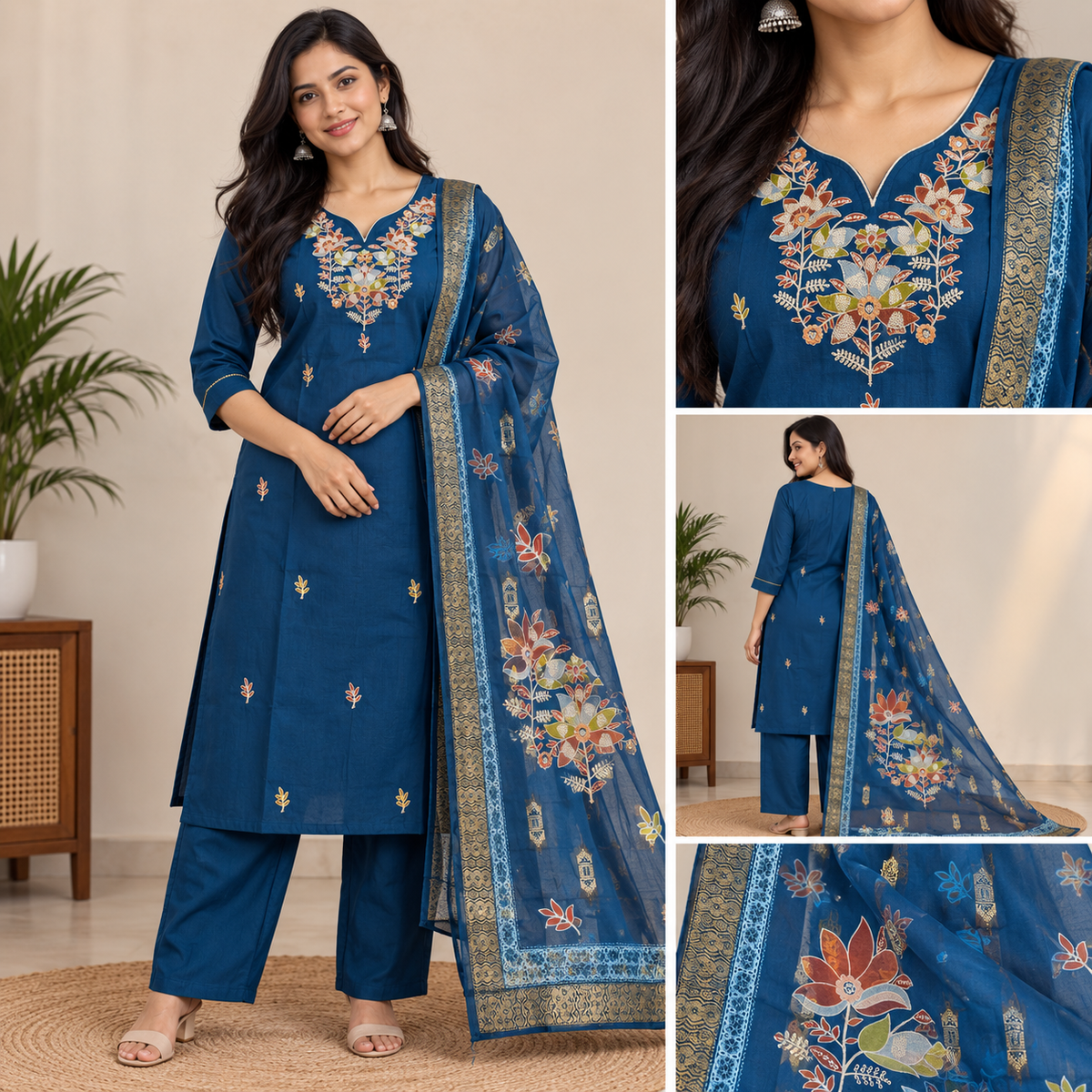 Royal Blue Floral Kurti Set