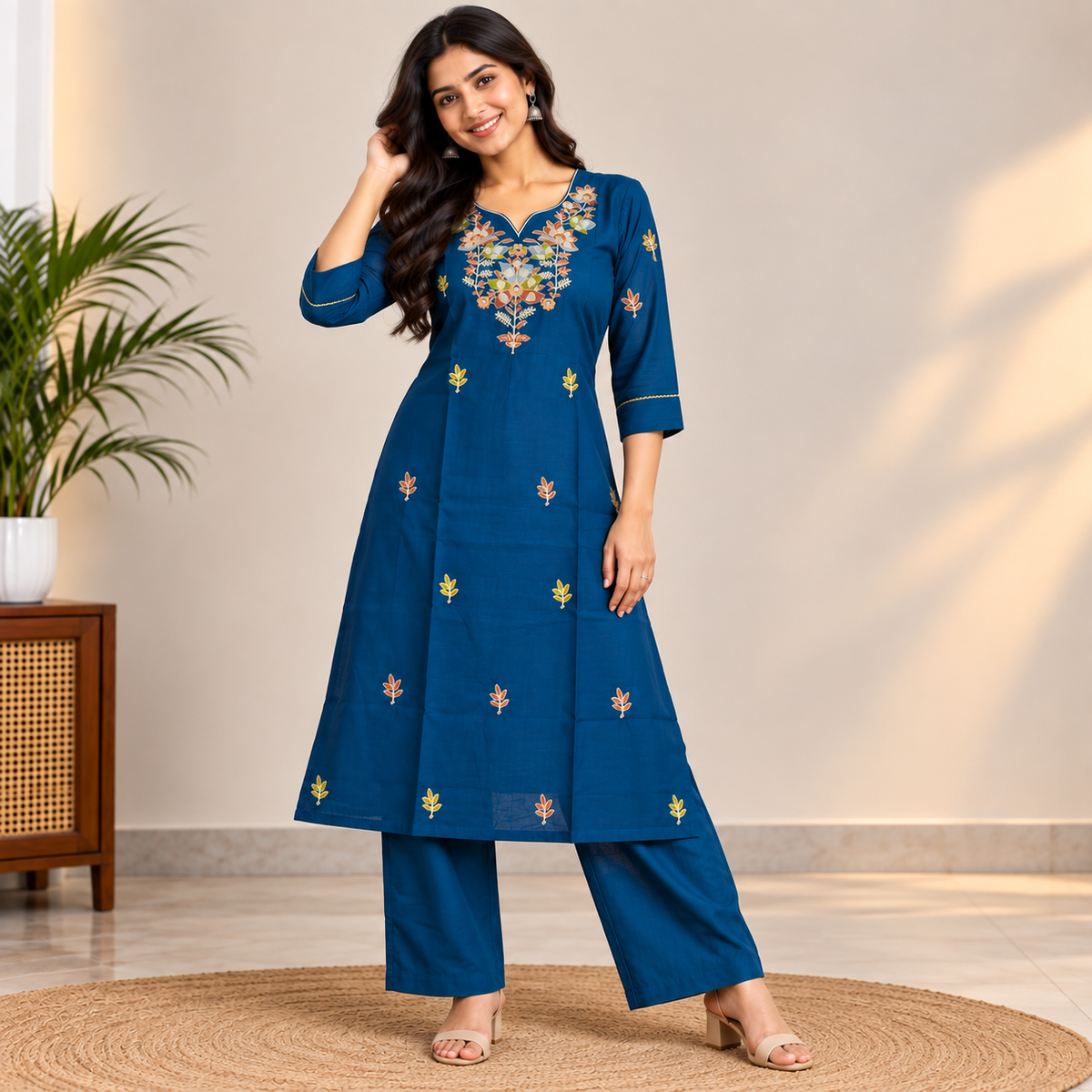Royal Blue Floral Kurti Set