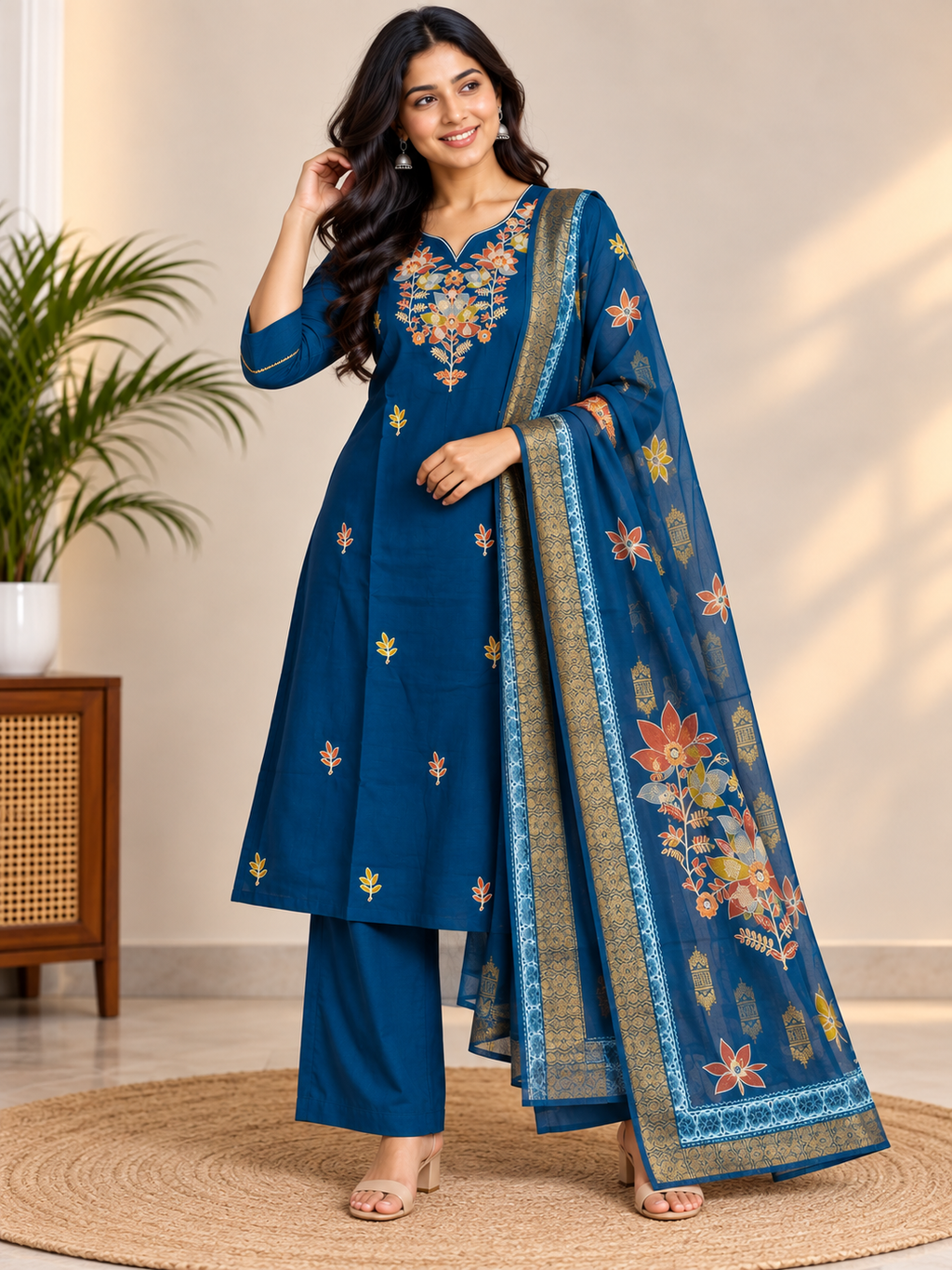 Royal Blue Floral Kurti Set
