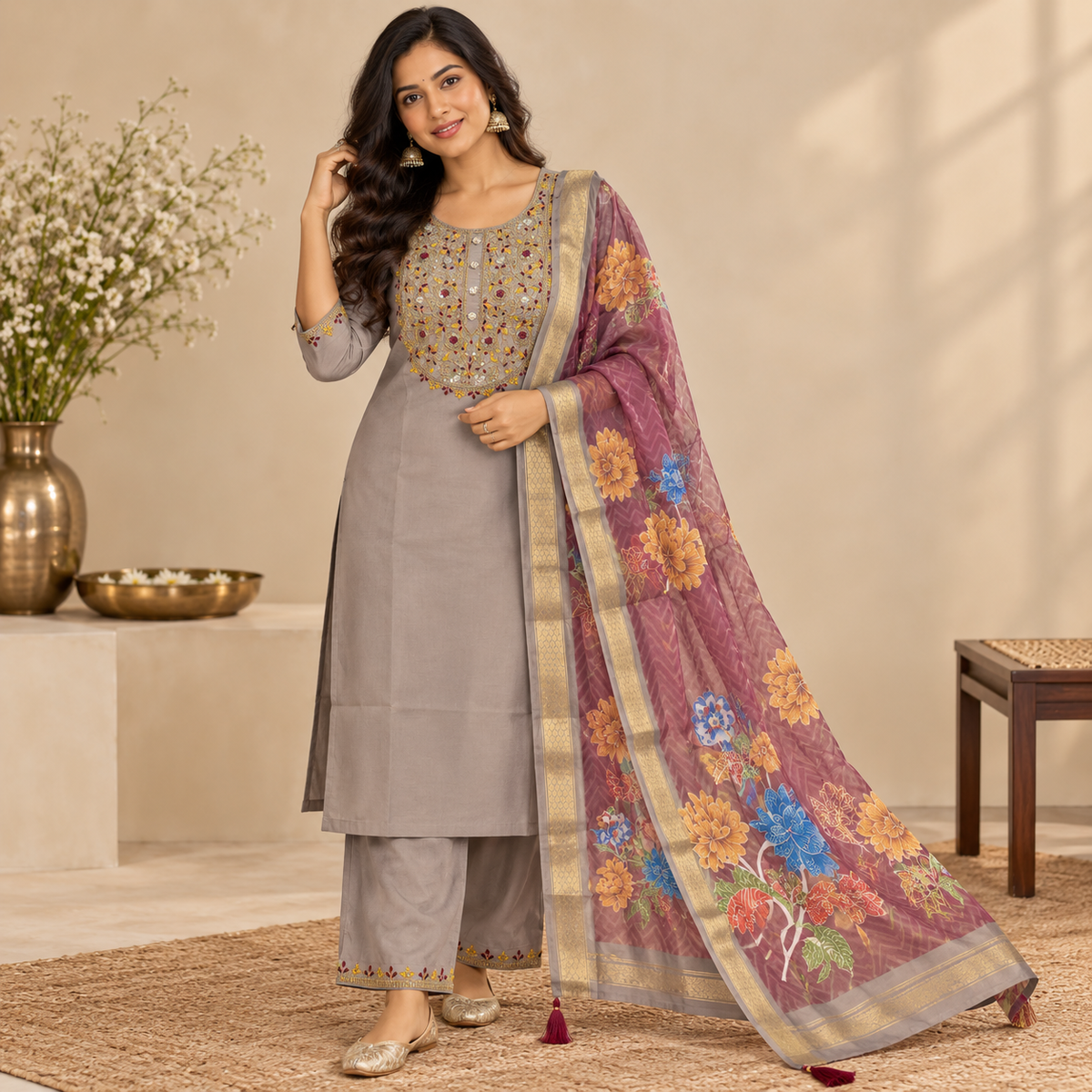 Grey & Maroon Embroidered Kurti Set
