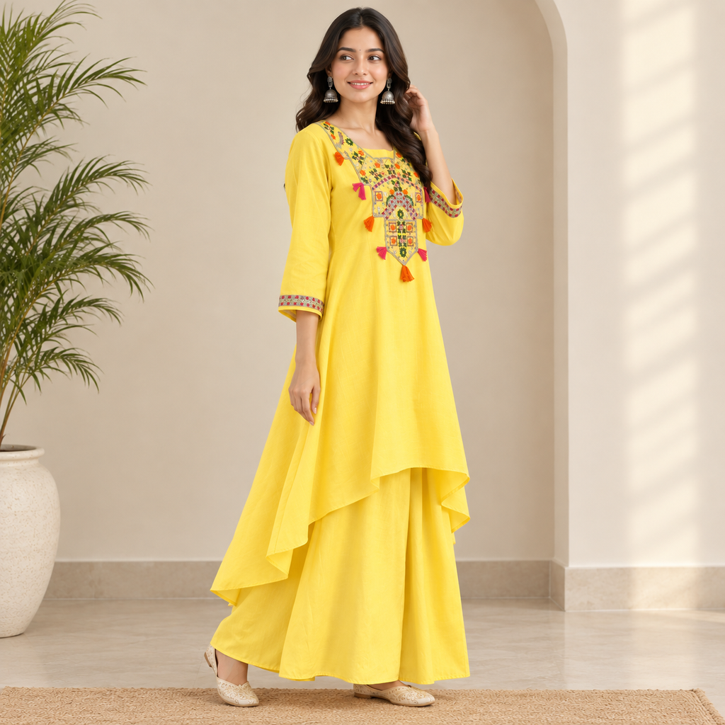 Women's Embroidered Yellow Asymmetrical Co-ord set