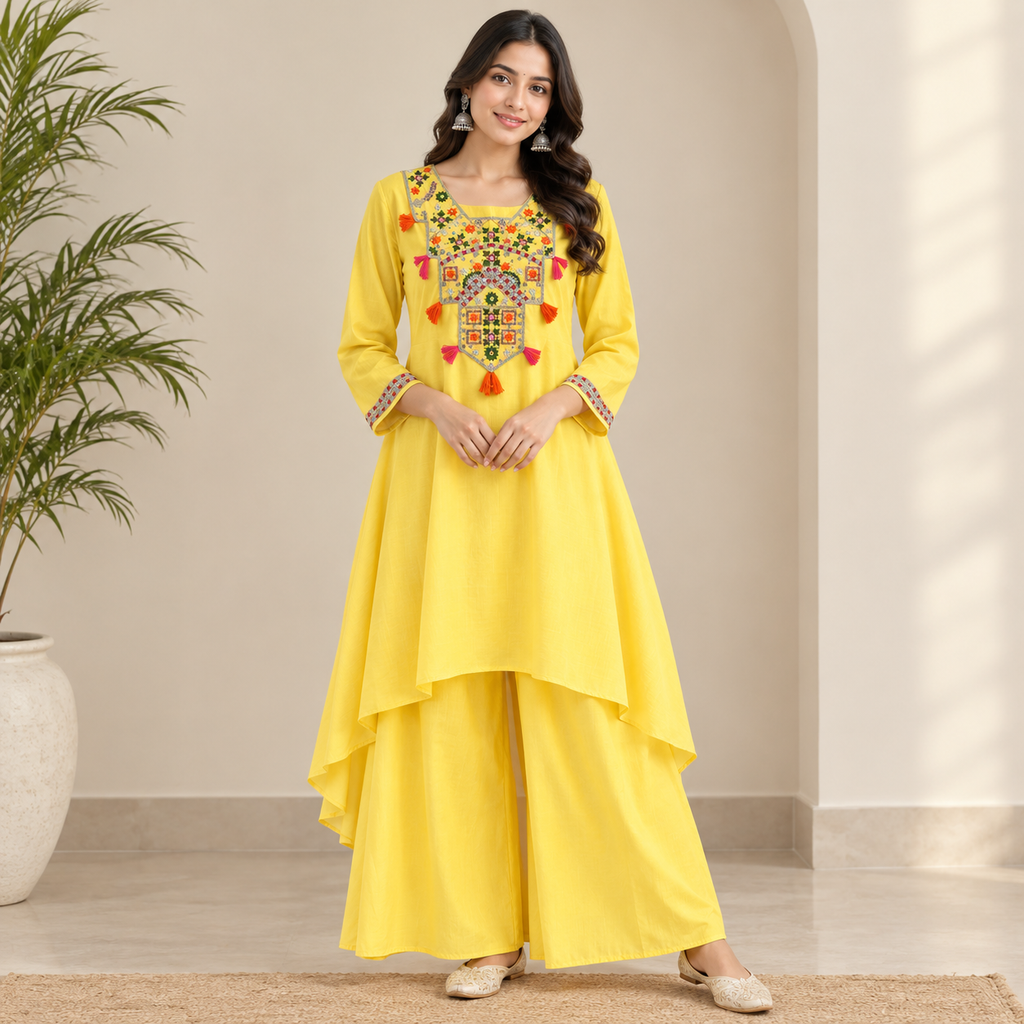 Women's Embroidered Yellow Asymmetrical Co-ord set
