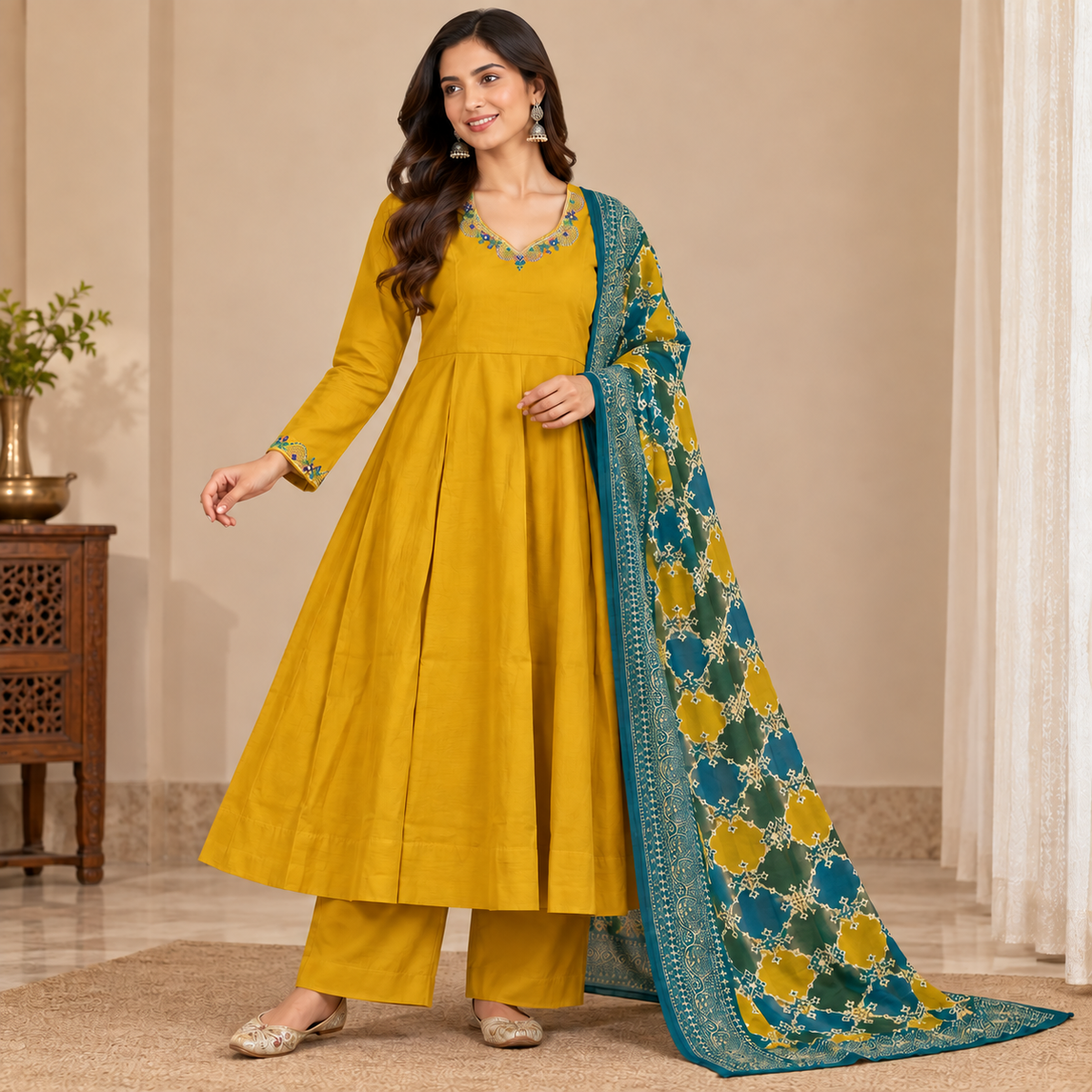 Mustard Green Festive Anarkali Set