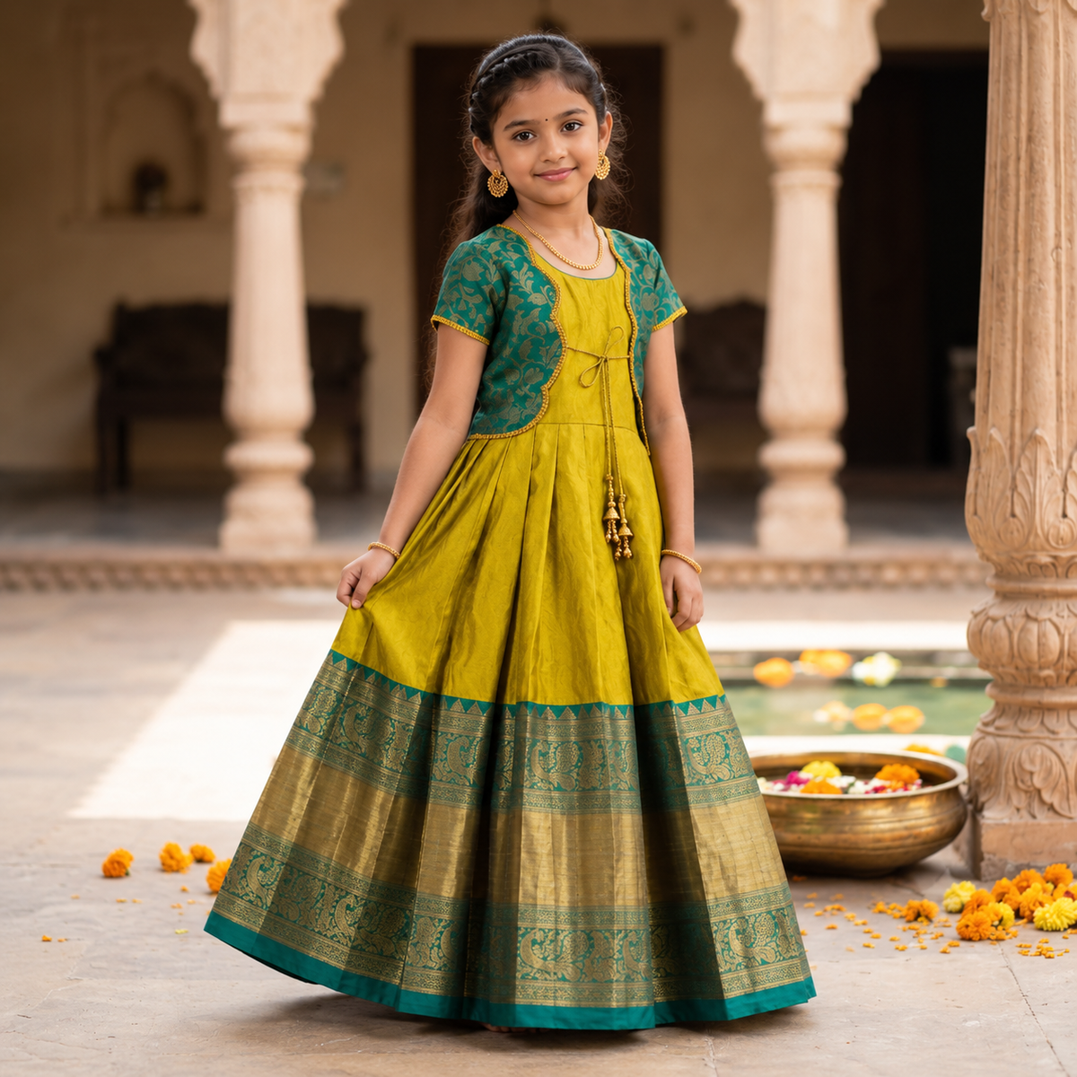 Kids traditional Mustard Frock & Jacket Set
