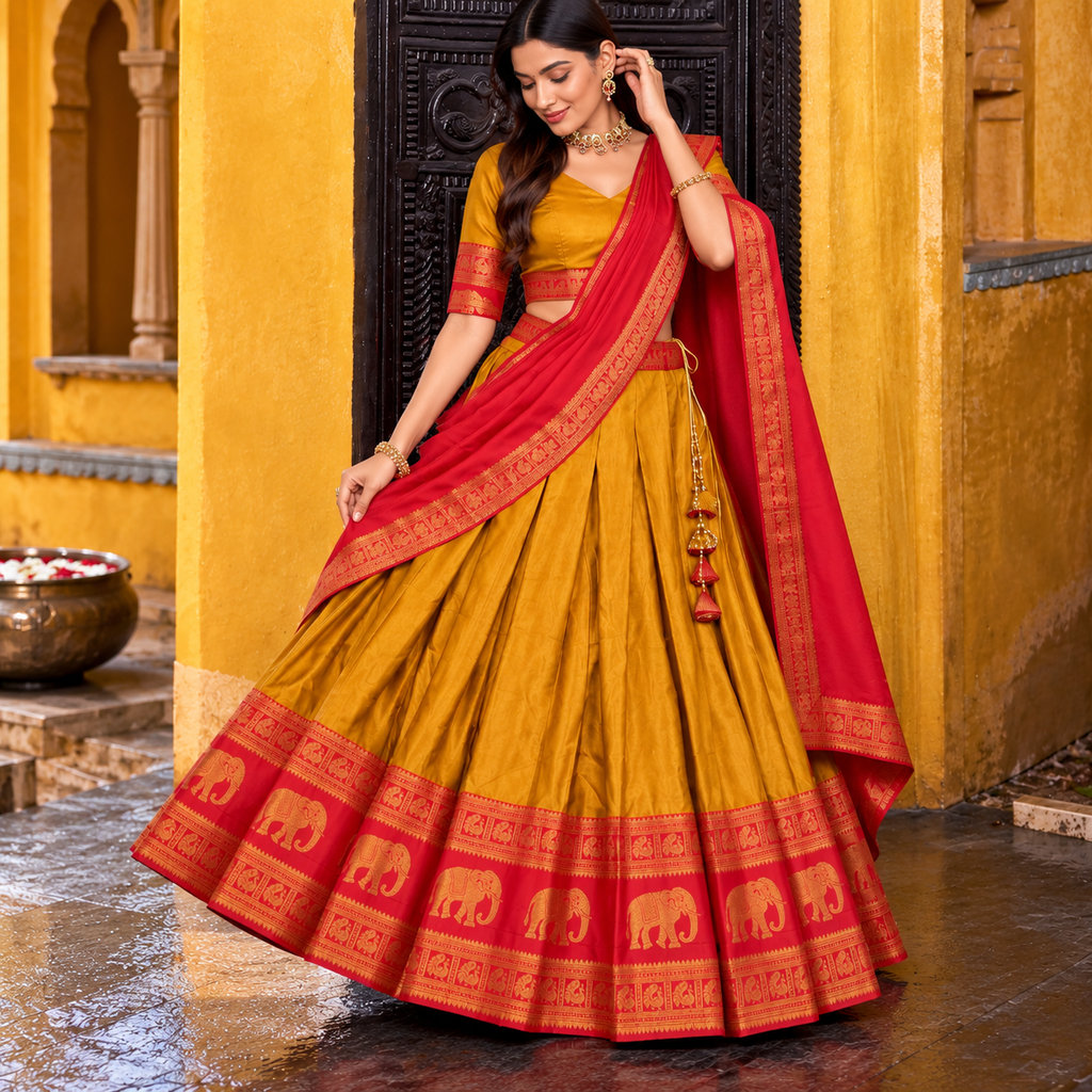 Mustard Yellow and Red Half saree