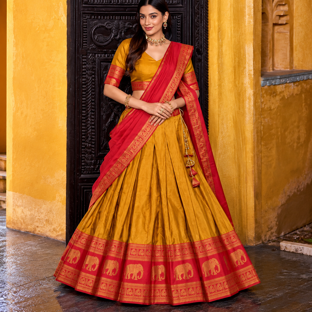 Mustard Yellow and Red Half saree