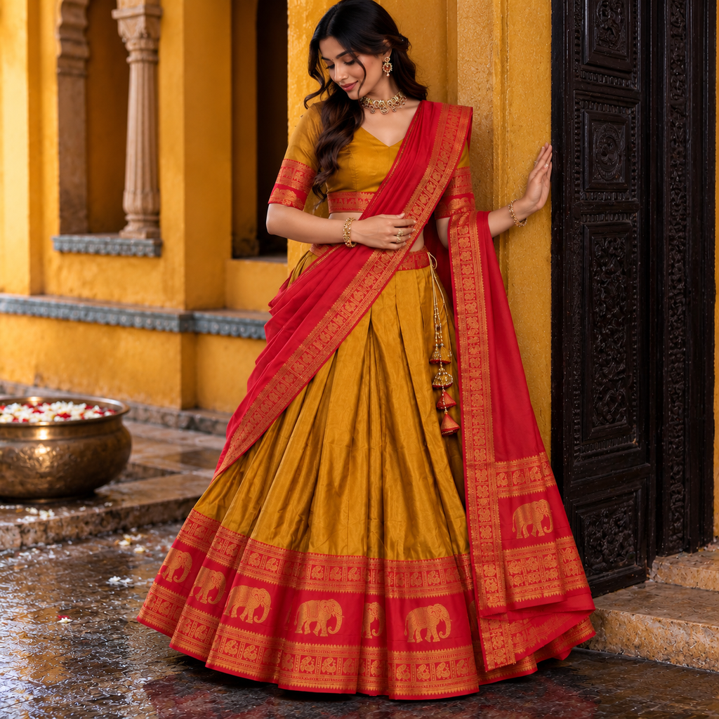 Mustard Yellow and Red Half saree