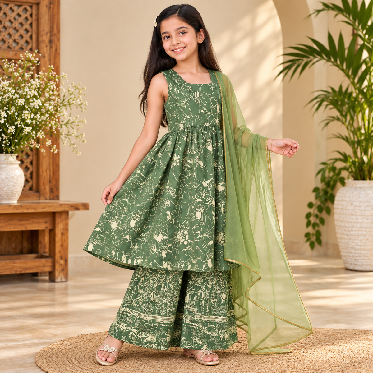 Green Floral Anarkali Set