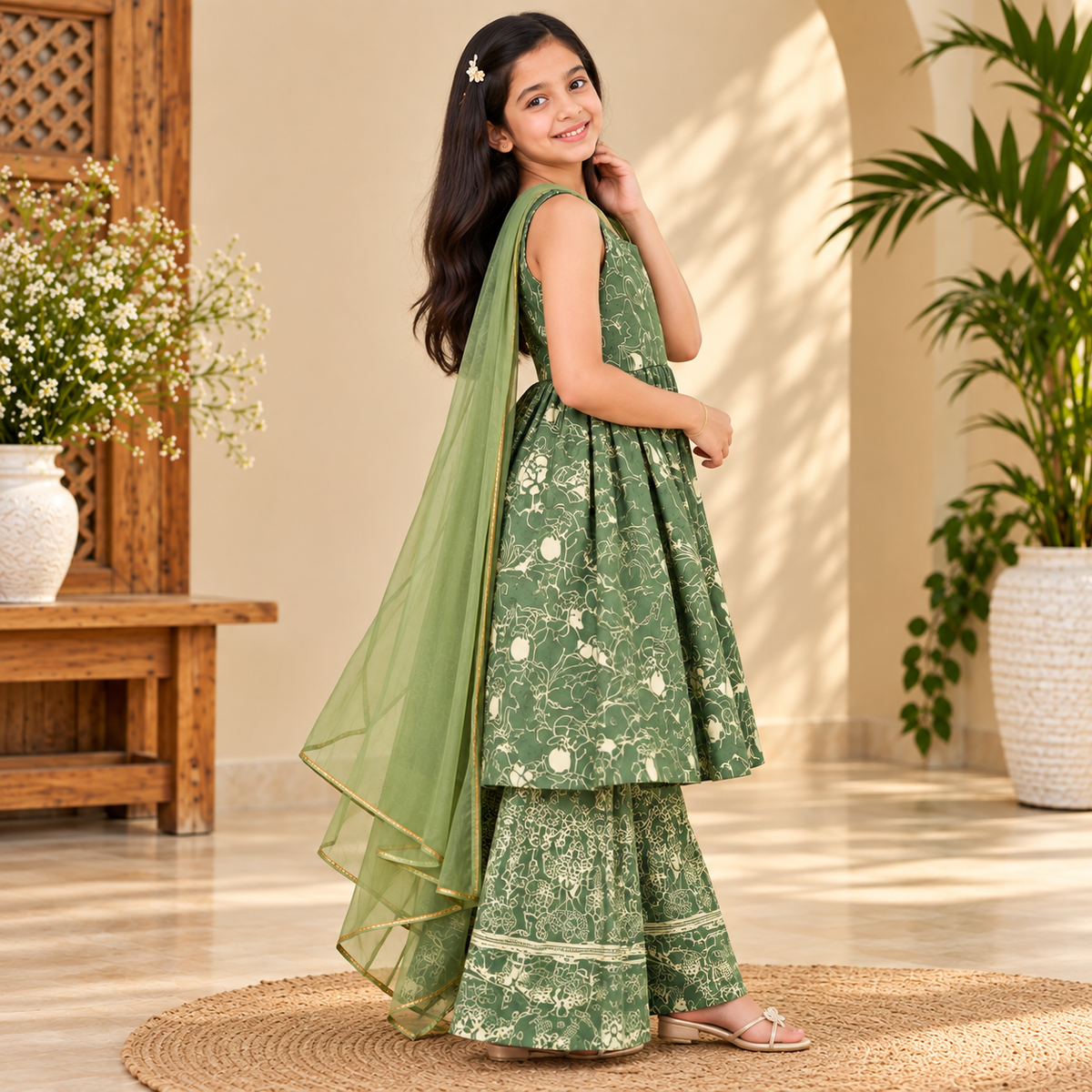 Green Floral Anarkali Set